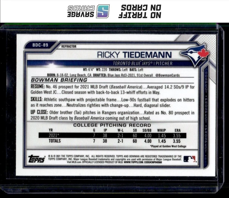 2021 Bowman Draft Chrome Refractor Ricky Tiedemann #BDC-89 Toronto Blue Jays - Image 2 of 3