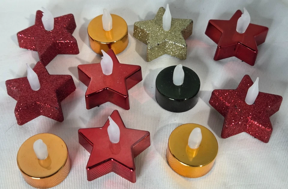 Flameless LED Tea lights Christmas Stars & Circles Red Gold Glitter 1.5-2.25 in. - Image 2 of 4