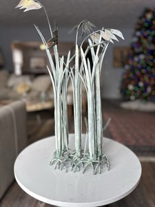 Mid Cent Modernist Bronze Verdigris Cattails and Grasses Kinetic Art Sculpture