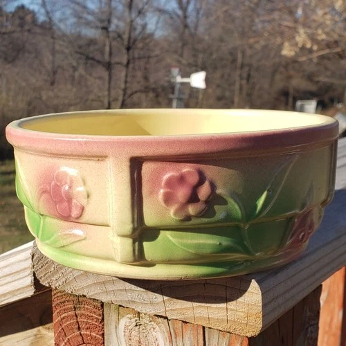 Vtg Antique Hull Pottery Mixing Crock Bowl Daisy Flowers Yellow Ware Stoneware