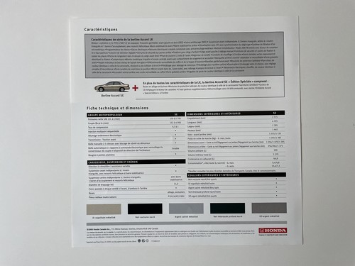 Honda Berline Accord SE 2000 dealer sheet brochure - French - Canada - Photo 2 sur 2
