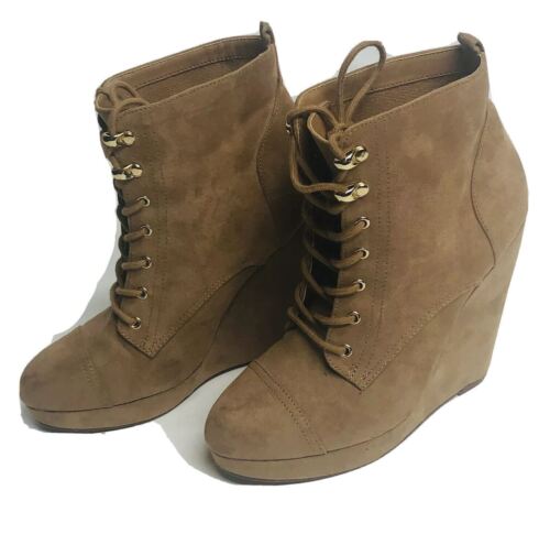 Forever 21 Faux Suede Brown Wedge Platform Ankle Boots Lace Up Booties 8 - Picture 1 of 9