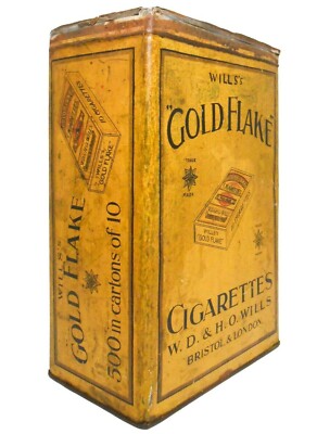 WILL'S GOLD FLAKE CIGARETTES (UK) 1930'S VINT LITHO'D ENAMEL TIN CIG CAN,  NO LID