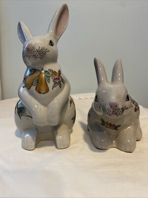 Vintage Porcelain Bunny Rabbit W/fruit & Floral Figurine Statue Long Ears