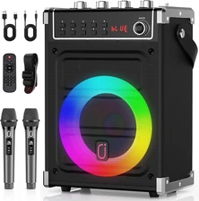 Karaoke Machine with 2 Wireless Microphones, Portable Bass/Treble Bluetooth Spea