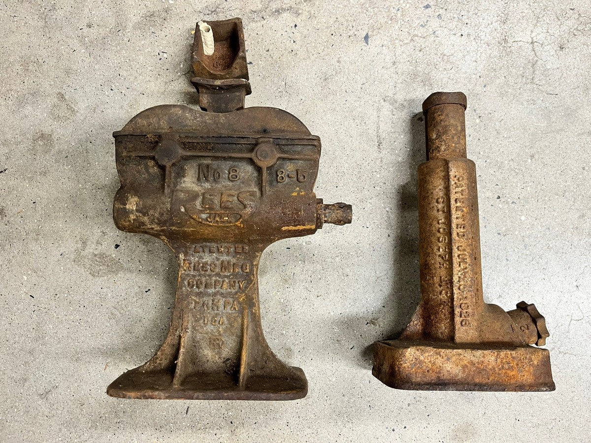 2 Vintage Car Jacks Antique Heavy Duty Rees No 8 & Dreadnaut Twin