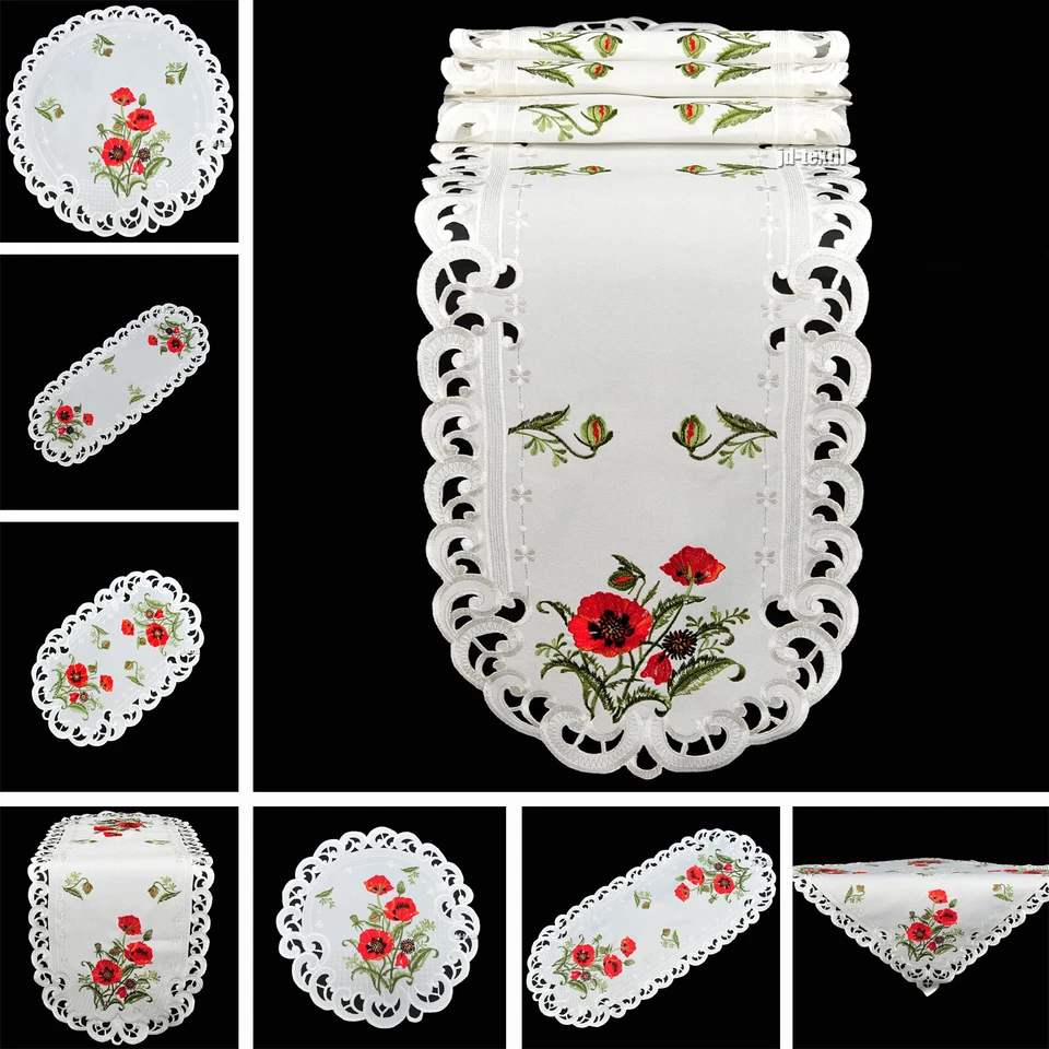 Frühling Sommer Tischdecke Tischläufer Mitteldecke Stickerei Rot Mohnblumen NEU - Bild 1 von 1