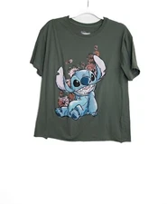 Disney Stitch Graphic T-Shirt Green With Floral Design Womens L 50% cotton 50% p