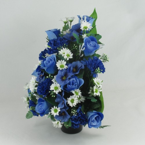 Blue artificial grave flower flat back arrangement in weighted grave pot – 36cm - Picture 3 of 4