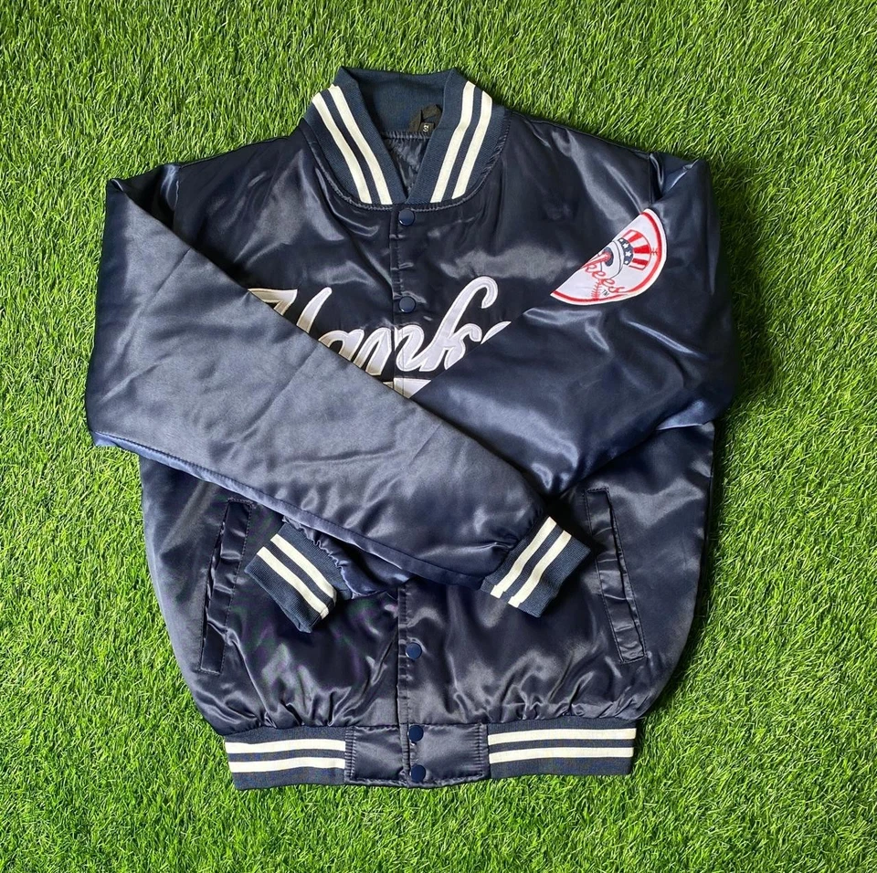 NY Yankees Vintage 90s Athletic Jacket Blue Satin Bomber Style Varsity Jacket - Image 2 of 4