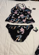 Women's Hula Honey Black Floral Swim Set Size Large New with Tags