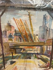 David Landis Chicago Modernist Artist Watercolor State Street Bridge 1948 Look!!