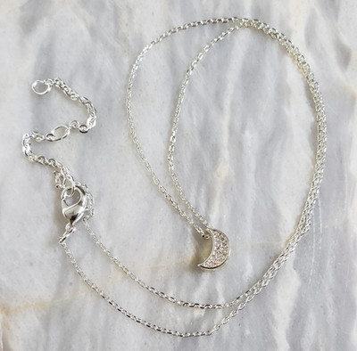 Crystal Crescent Moon Pendant Silver Tone 16-18'' Adjustable Cable Chain Necklace