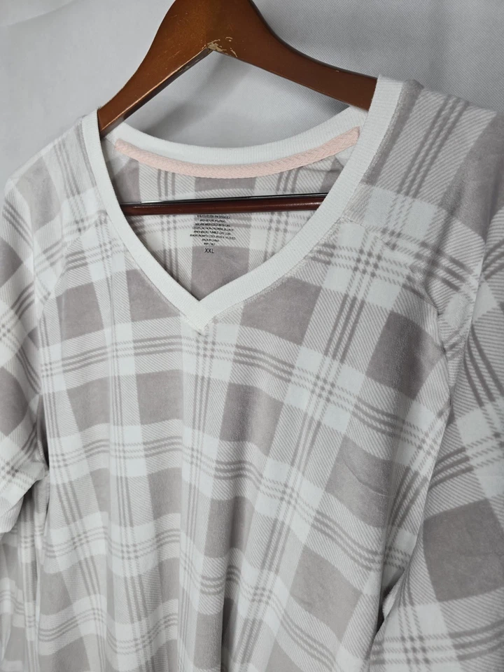 Cuddl Duds Loungewear Top White Gray Plaid Lightweight Fleece V-neck 2XL - Image 4 of 4
