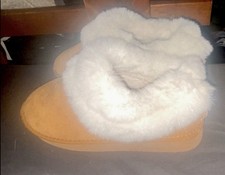 Women's Brown Faux Suede Fur Lined Slip-On Slippers with White Faux Fur Trim