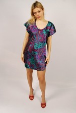 80s Satin Mini Dress M medium blue purple paisley vintage nightgown artsy neon