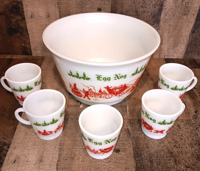 Vintage Hazel Atlas Egg Nog Punch Bowl 5 Mugs Milk Glass Nice Please Read