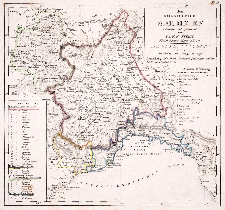 Sardinien Königreich Landkarte Original Stahlstich von Streit 1836 Passepartout