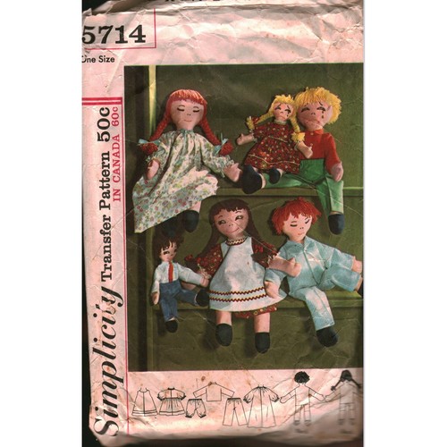 Vintage 1964 Simplicity 5714 Rag Doll Sewing Pattern 15" 24" Boy Girl Clothes