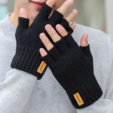 3 Pairs Winter Alpaca Wool Fingerless Gloves Men's Knitted Half Finger Mitten