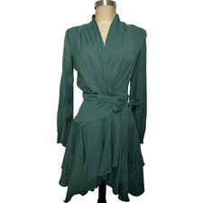 DO+BE Emerald Green Wrap Mini Dress S Ruffle Hem Bishop Sleeve Wedding Guest