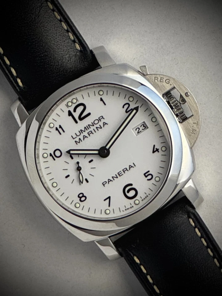Juego completo de correa de cuero negra esfera blanca rara Panerai Luminor Marina Foto 2 de 4