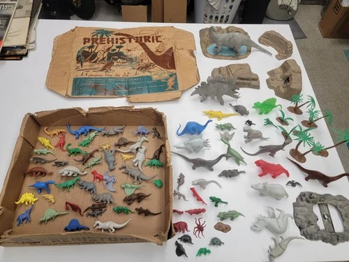Vintage 1960 Marx Prehistoric Times Playset Square Box 80+ Dinosaurs Trees