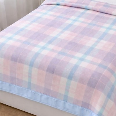 VTG Plaid Blanket Twin Size Knit Pastel Pink Blue  Nylon Trim Coquette