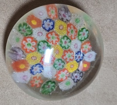 2¾'' Glass Millifiori Paperweight Cut Cane Flowers Orange Yellow Blue Green White