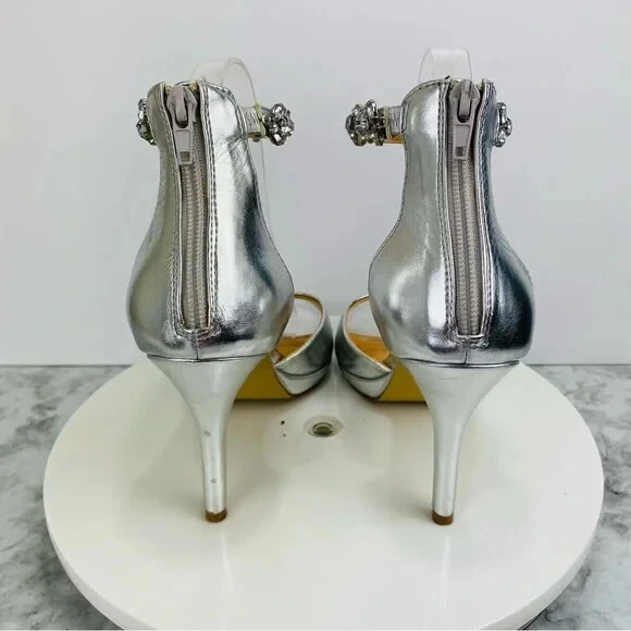 Badgley Mischka Sandals Heels Women 8 Metallic Silver Rhinestone Bridal Party - Image 4 of 4