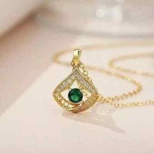 Natural Green Emerald 2Ct Round Cut Women's Fancy Pendant 14K Yellow Gold Plated