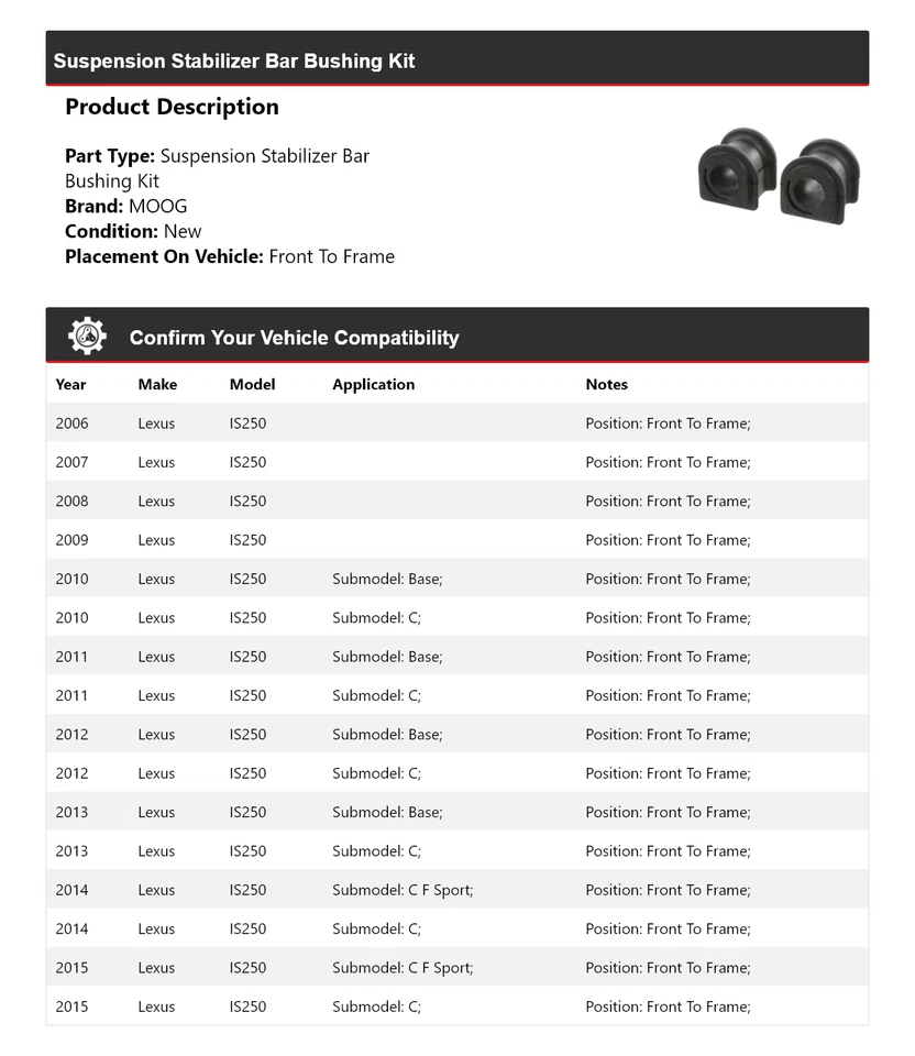 Kit de buje de barra estabilizadora de suspensión MOOG 2006 2007 para Lexus IS250 2006-2015 Foto 2 de 3