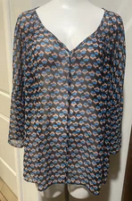 Pleione Blouse Shirt Top Women’s XL Blue Pink Floral Sheer 3/4 Sleeve Flowy