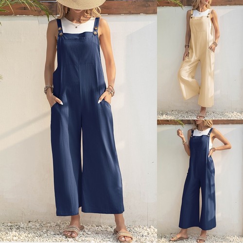 Women's Apricot Cotton Dungarees Jumpsuit Wide Leg Playsuit for Summer