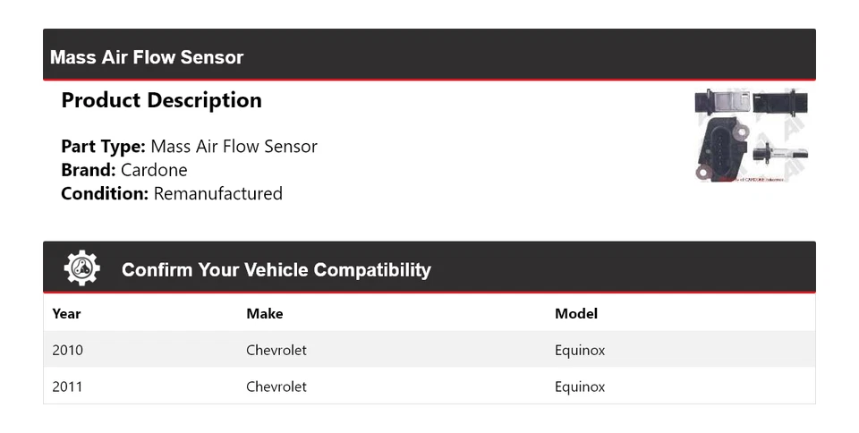 Sensor de flujo de aire masivo Cardone para Chevrolet Equinox 2010-2011 Foto 2 de 4