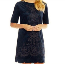 Miss Me Embroidered Scalloped Microfiber Shift Dress Navy Blue Women’s Size M