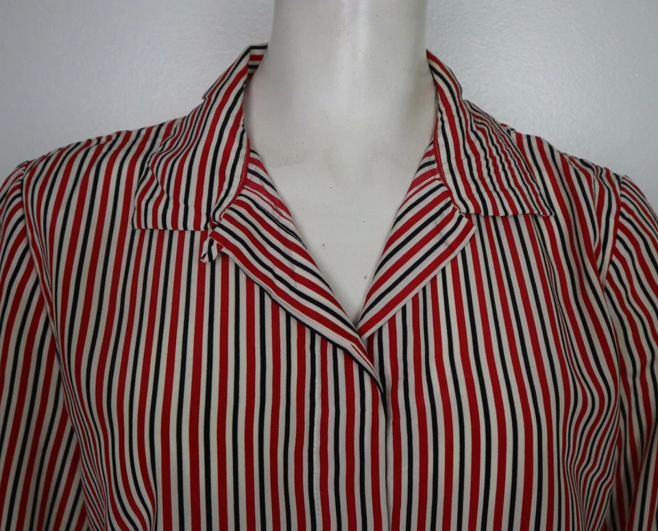 Blusa para mujer Leslie Fay talla PM roja a rayas abotonada vintage manga larga Foto 2 de 4