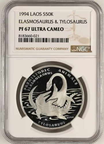 LAOS 50 Kip 1994 Silver NGC PF67 Prehistoric Dinosaurs Elasmosaurus Tylosaurus