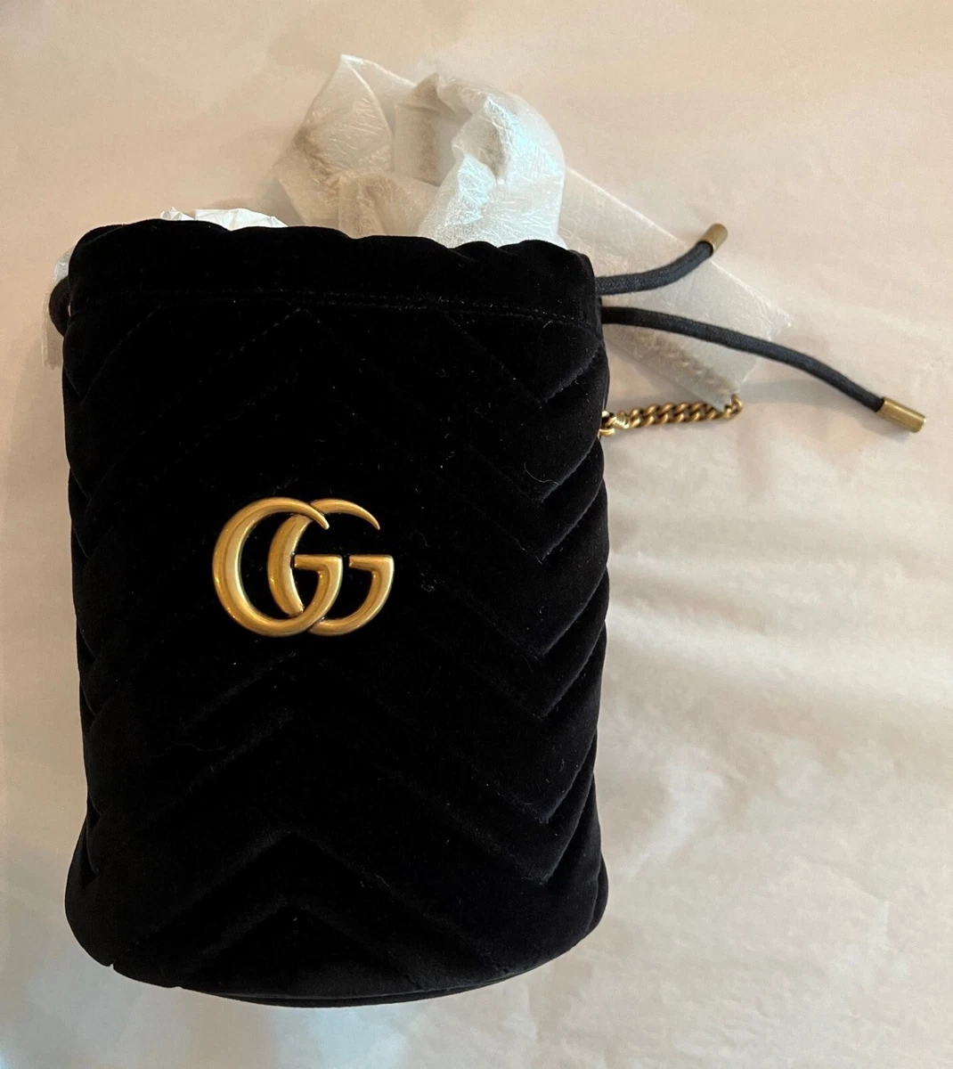 Gucci Black Velvet Marmont Gold Drawstring Shoulder Bag Handbag