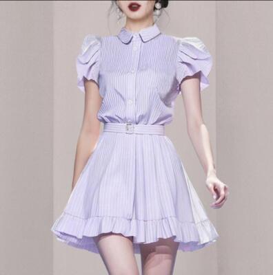 Womens Fashion Striped Puff Sleeves Shirt Collar Falbala Short Falred Dress 4234