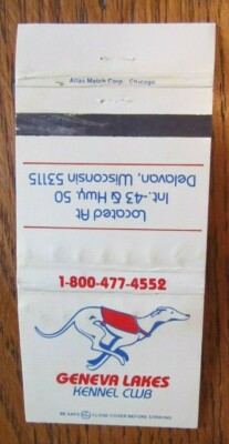 GREYHOUND RACING DOG MATCHCOVER: GENEVA LAKES KENNEL CLUB DELAVAN WISCONSIN -D11