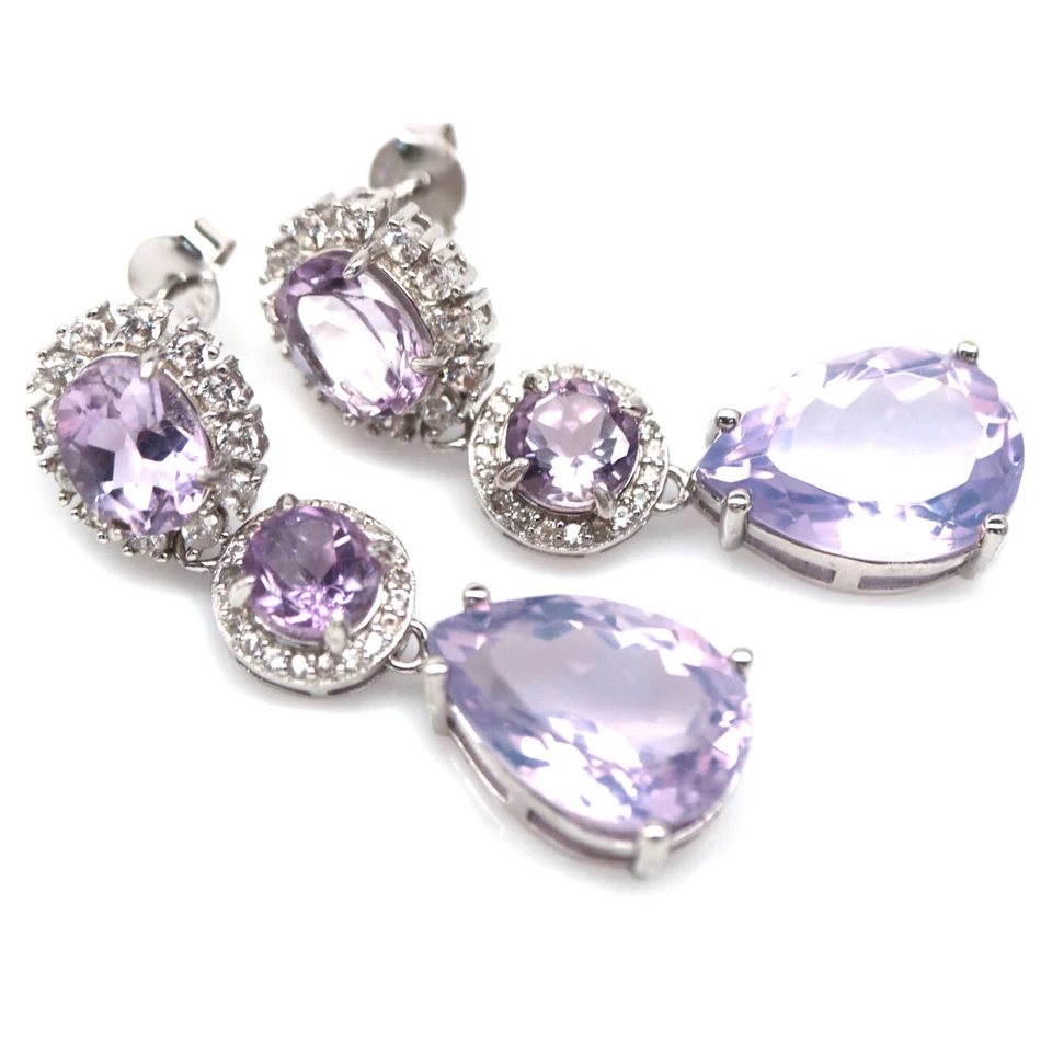925 Пробы 10 x 15 мм. Серьги с лавандовым кварцем, аметистом и цирконием - Изображение 2 из 4