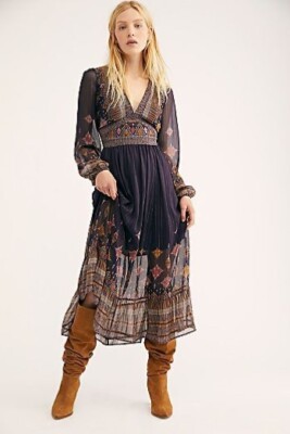 Free People Wishing Well Metallic Lurex Boho Printed Midi Dress-S $198 NEW w/tag
