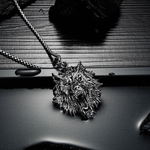 Hip-Hop Jewelry Men's Stainless Steel Wolf Head Chain Punk Necklace Pendants - Picture 7 of 7
