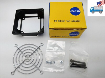 NEW Akasa Mount 80mm PC Cooling Fan on 60mm Fitting Adapter Bracket Kit w/ Guard