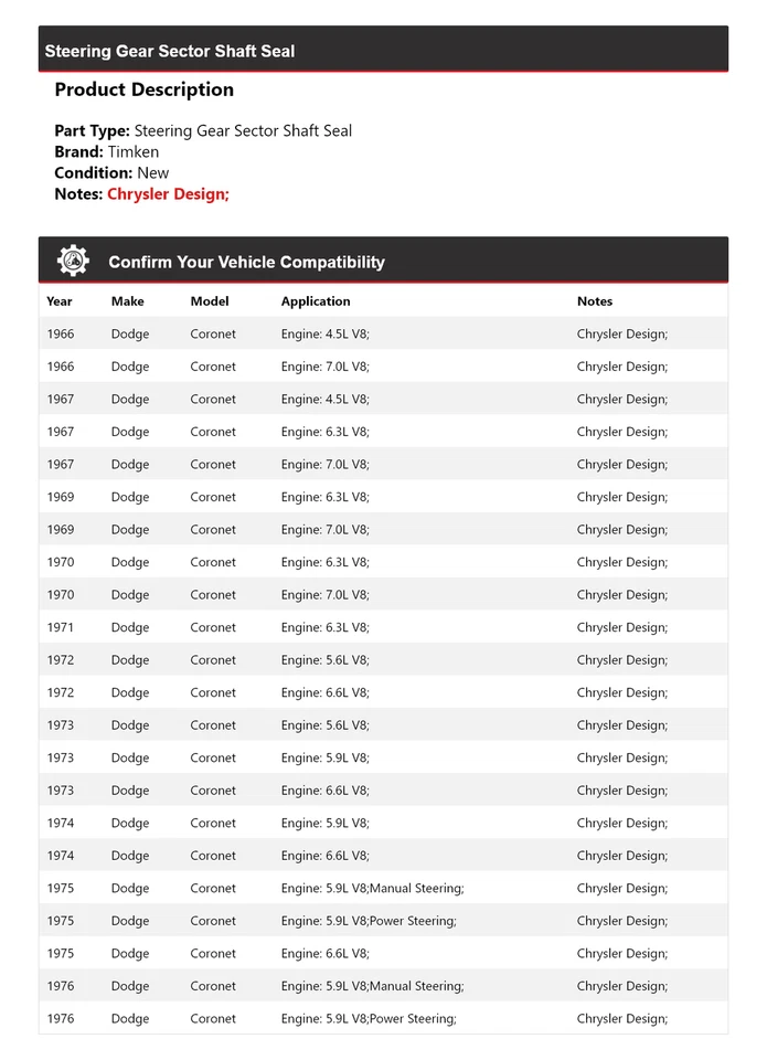 Para 1966-1967, 1969-1976 Dodge Coronet engranaje de dirección sector eje sello Timken Foto 2 de 4