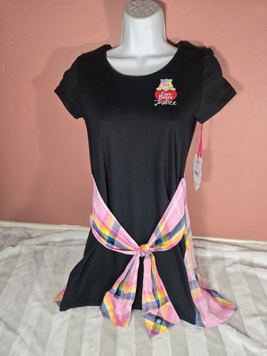 Justice Girls Care Bears 2FER Black Pink Plaid Faux Shirt Tie Dress Size L 12 14