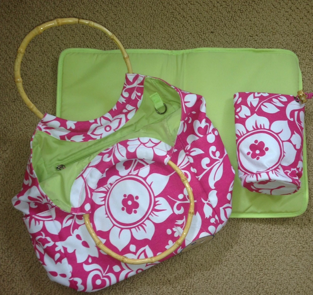 NWT Pottery Barn Kids Tropical Pink Floral Baby Diaper Bag & Changing Mat