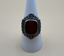 Vintage 925 Sterling Silver Carnelian  Marcasite Ring / Size 8.25  