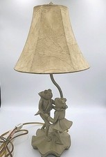 Figural Double Frog Lily Pad Table Lamp with Amber Tortoiseshell Art Glass Shade — listing 3